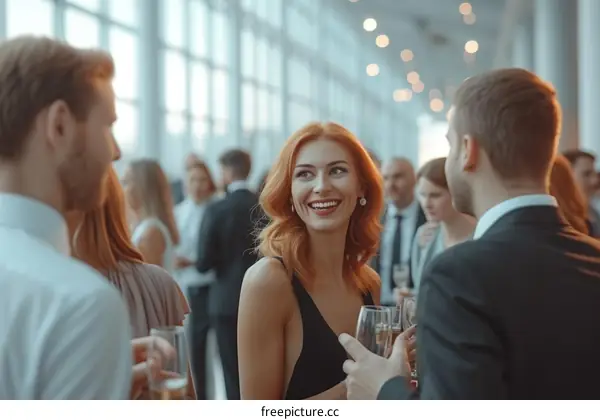 Redhead woman in black dress talking to two men at a party