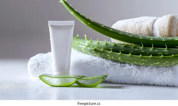 Aloe Vera Cream and Towel  on White Background