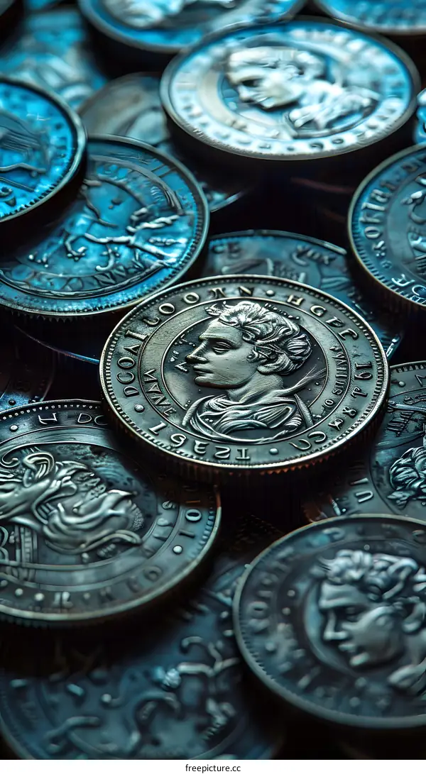 Close up of a pile of old silver coins
