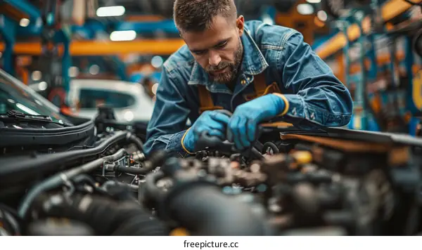 A mechanic is working on a car engine.