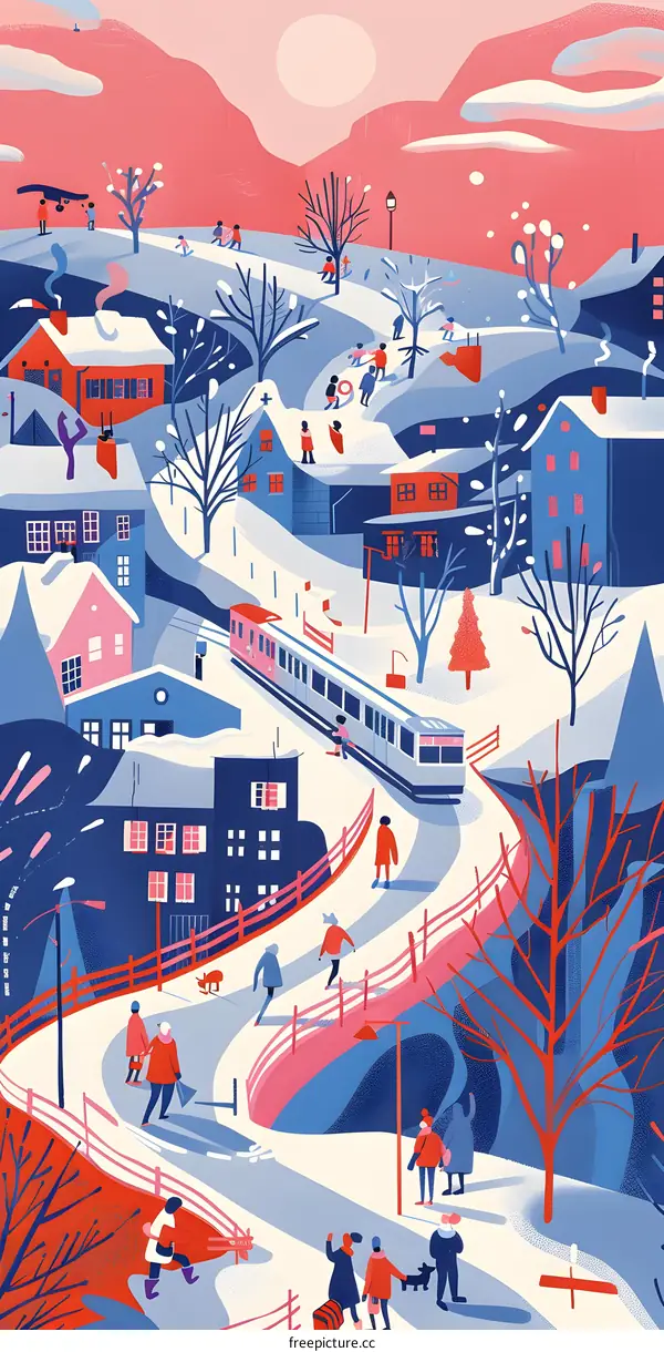 Winter Village Illustration With People Walking and Train