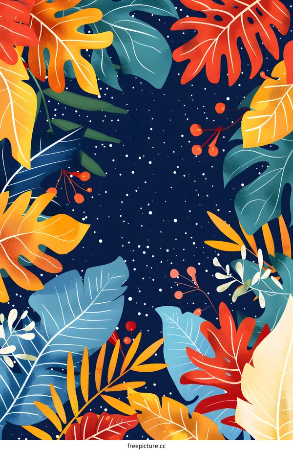 Tropical Leaves Pattern with Blue Background