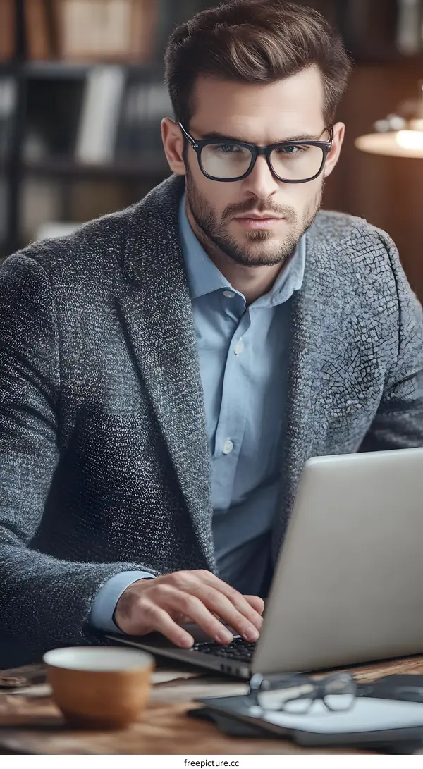 Businessman Typing on Laptop with Serious Expression