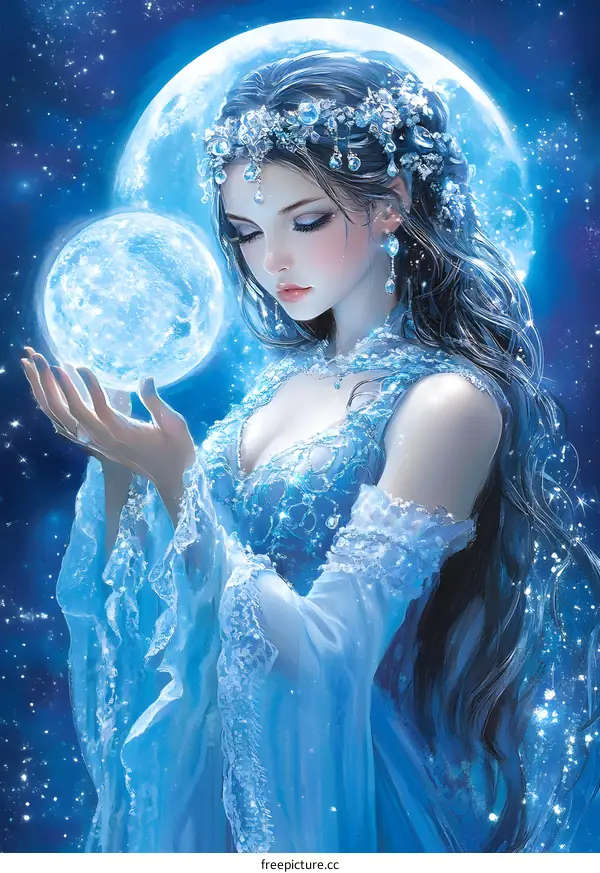 Beautiful Woman with Blue Dress Holding Moon