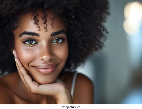 portrait of a beautiful young woman with afro hair smiling at the camera