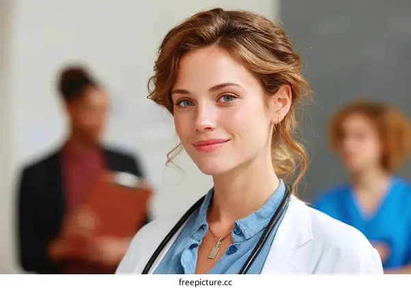 Confident Female Doctor Wearing White Coat with Stethoscope