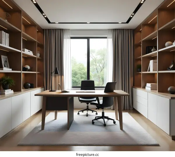 Modern Home Office with Wooden Bookcases and Large Window