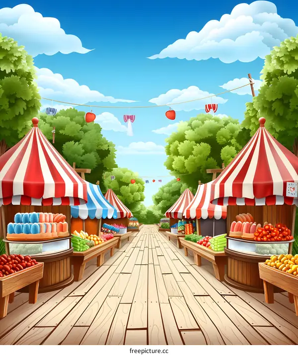 Summer Outdoor Market With Colorful Tents And Fruits