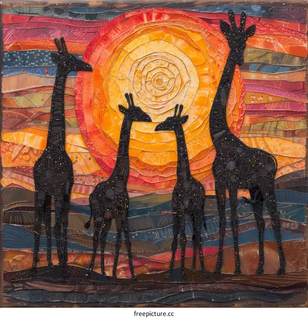 Four giraffes standing in front of a setting sun made of colorful fabrics