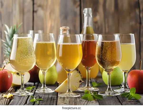 Variety of Flavored Cider in Glasses with Fruits