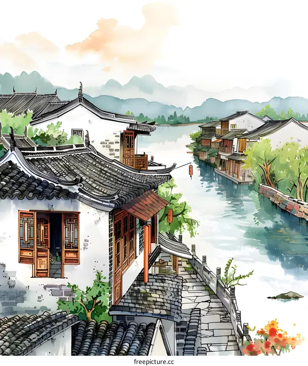 Traditional Chinese Watercolor Painting of Water Village