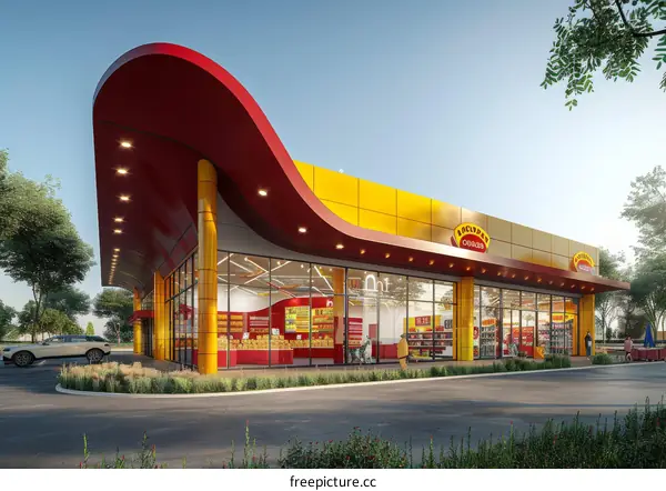 A modern gas station with a large curved roof and yellow walls