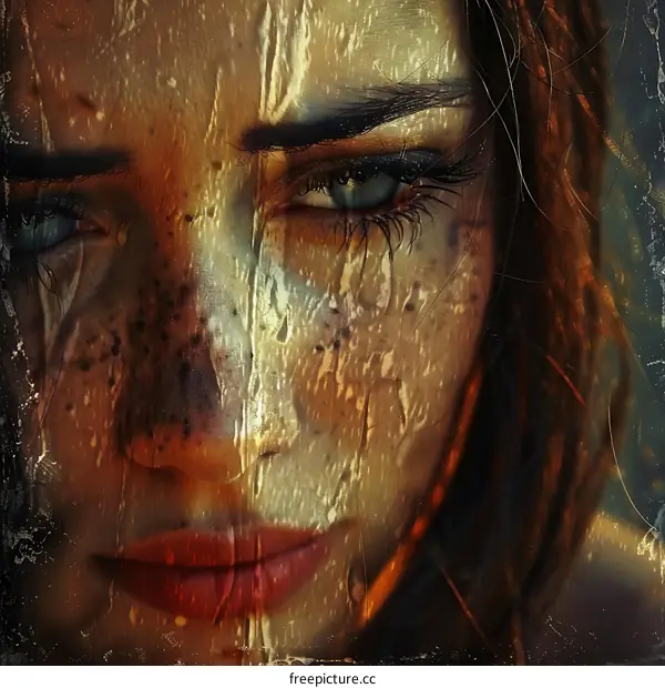 A womans face with freckles on her cheeks, her eyes are blue, her hair is brown, her lips are red, and her expression looks sad