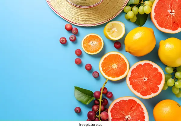 Summer Fruits and Hat on a Blue Background