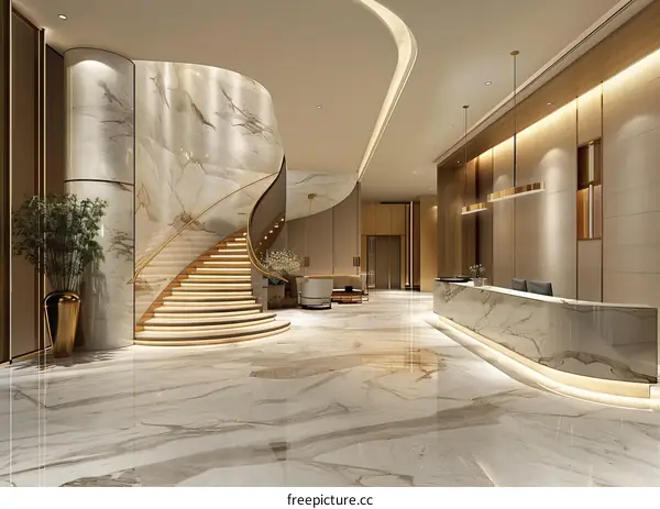 Luxury Hotel Lobby with Marble Staircase and Reception Desk