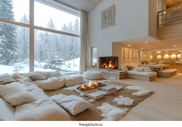 Cozy Winter Cabin Living Room with Snowy View