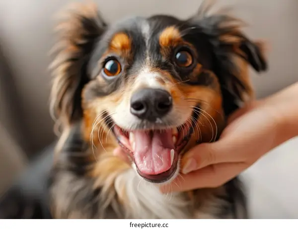 A happy dog is being petted by a human hand