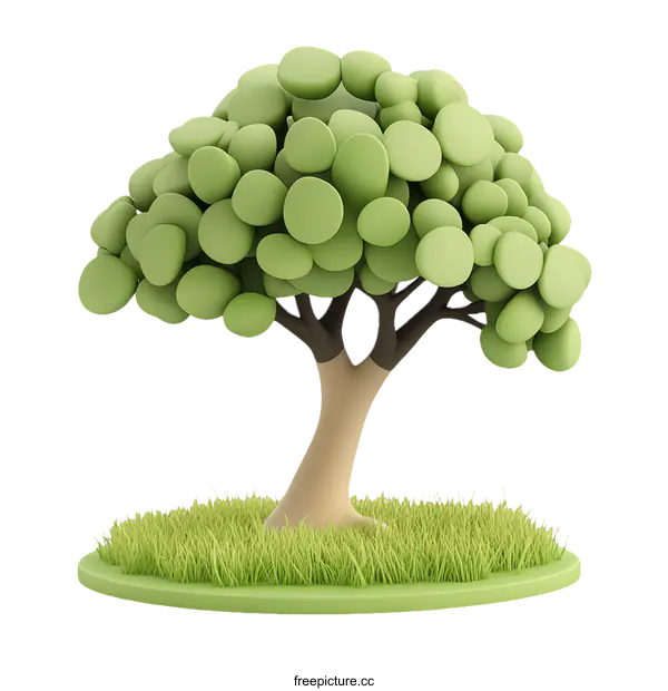 [Transparent Background PNG]Cartoonish Green Tree in a Grassy Area