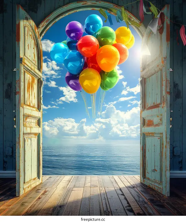 Colorful Balloons Floating Over the Ocean