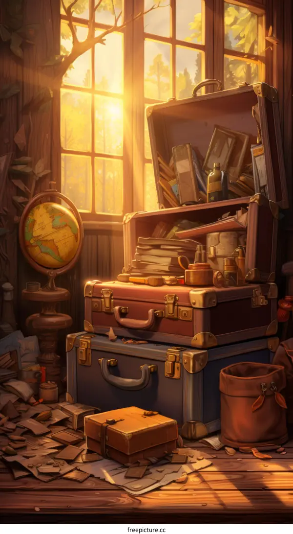 An illustration of a room with a large window, a globe, and several suitcases