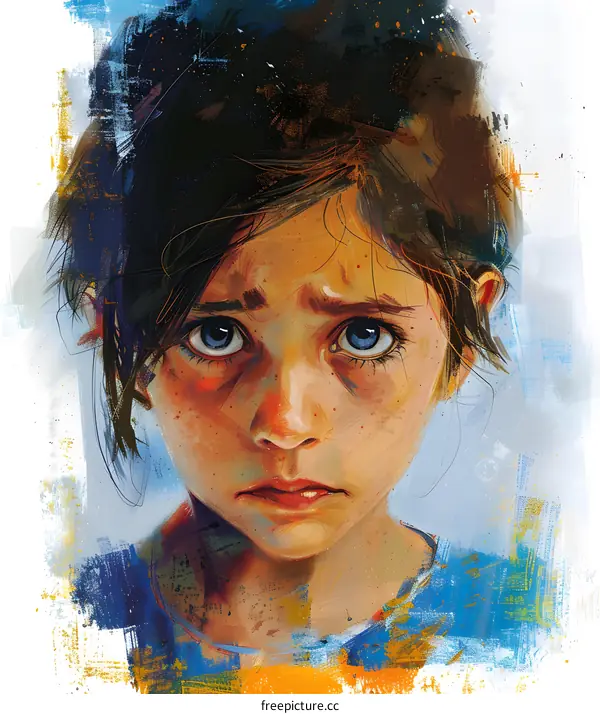 Portrait of a sad girl with big blue eyes