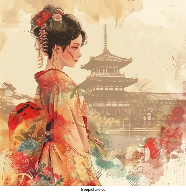 An illustration of a Japanese woman in a kimono standing in front of a temple.