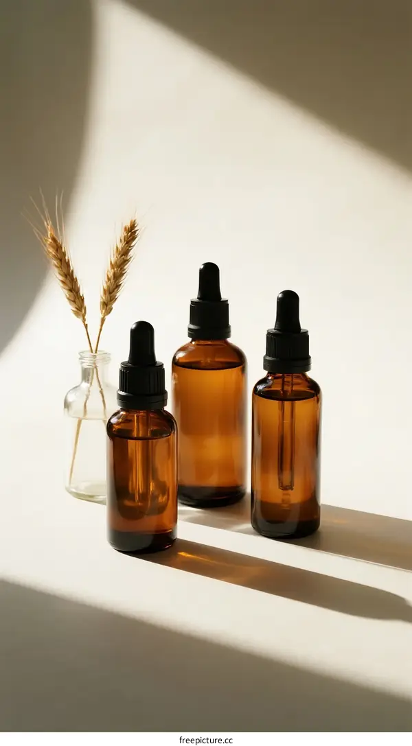 Amber Glass Dropper Bottles with Wheat Stalks in Glass Vase