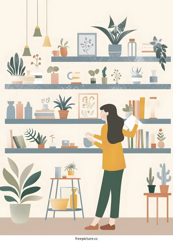 Woman Decorating Her Home With Plants And Books