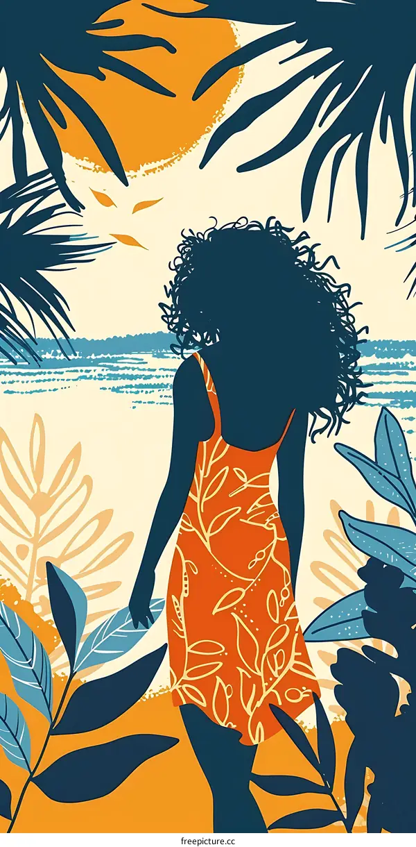 Woman in a Tropical Dress Walking in the Sun