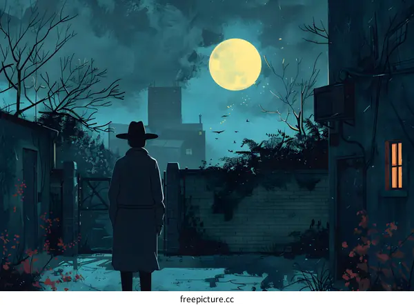 Silhouette of a Person in a Coat and Hat Standing in Front of a Brick Wall at Night