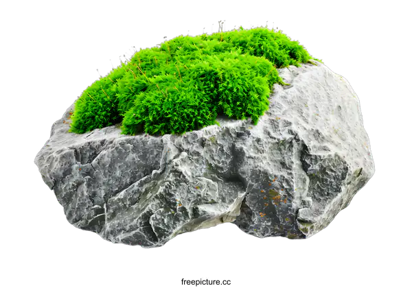 [Transparent Background PNG]Green Moss Growing on a Grey Rock