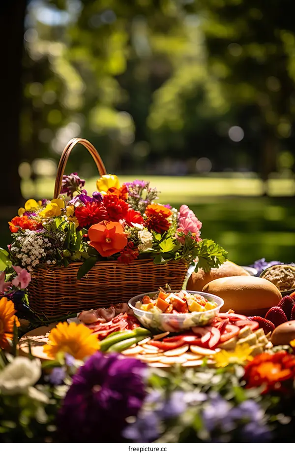 Summer Picnic In The Park With Basket Of Flowers And Spread Of Food