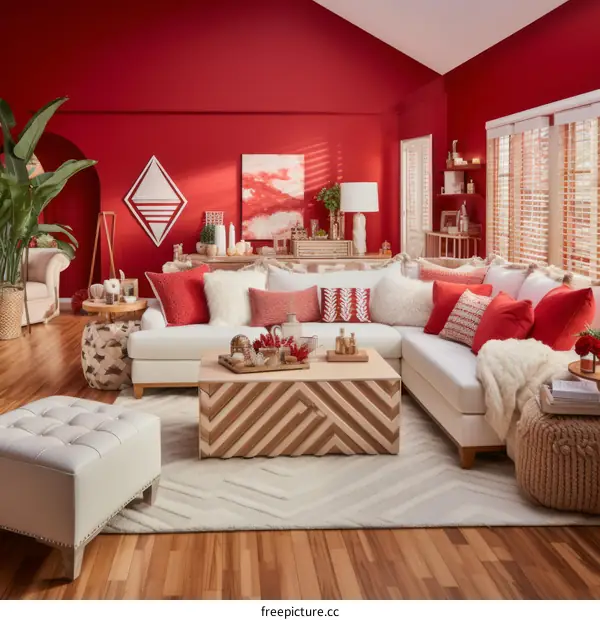 A red living room with a white sofa