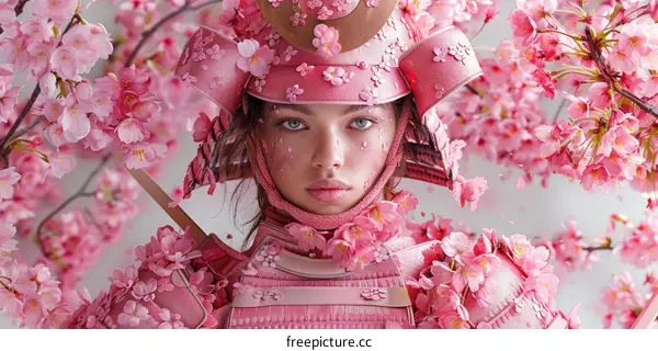Portrait of a young woman in a pink samurai armor with cherry blossoms