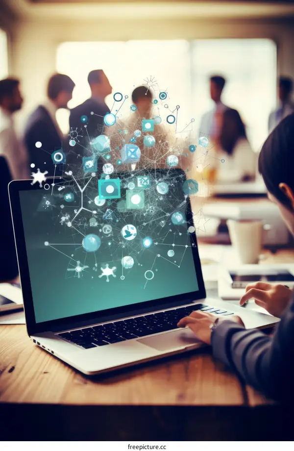 Businesswoman Using Laptop with Social Network Diagram Concept