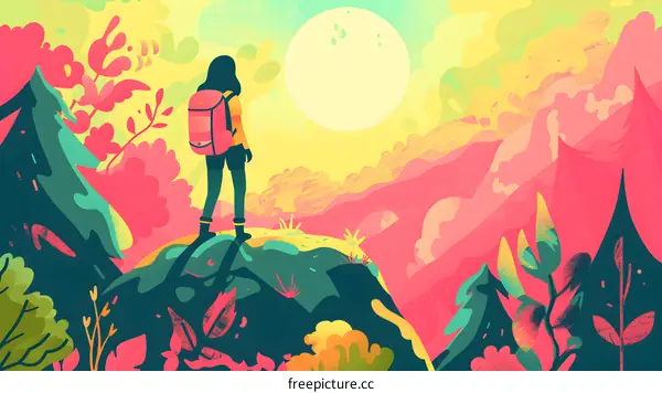 Woman Standing on Mountaintop with Backpack and Sun Behind Her