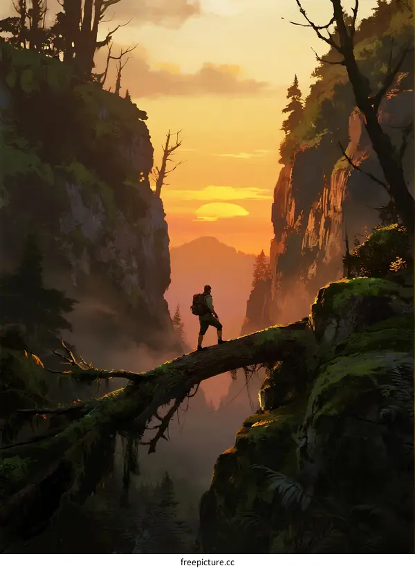 Hiker Standing on Mossy Log Over Deep Mountain Gorge at Sunset