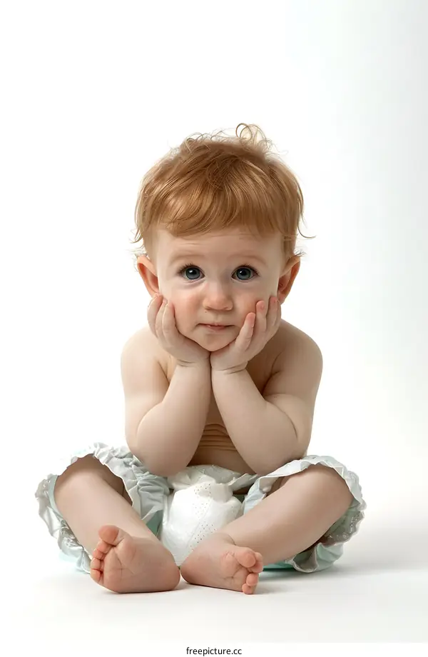 Baby with red hair sitting on white background