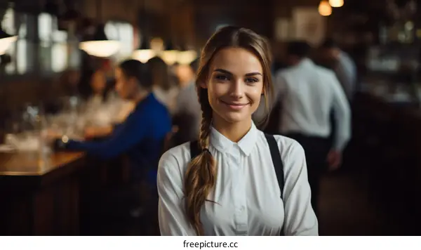 portrait of a young waitress standing in a restaurant