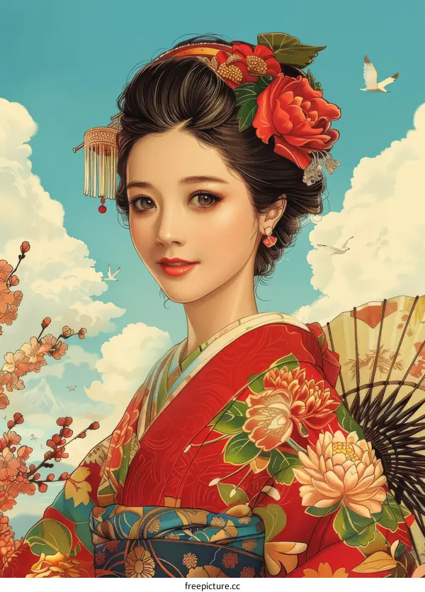 An illustration of a beautiful Japanese woman wearing a kimono with a red and white pattern and a red flower in her hair.