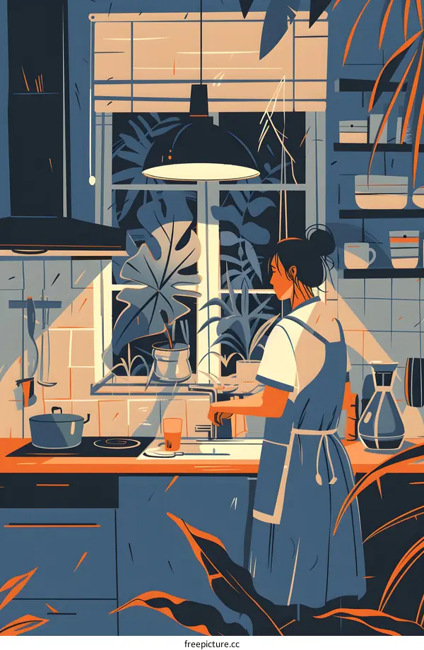 Woman Washing Dishes in Kitchen with Plants