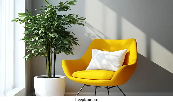 Modern Yellow Chair with Houseplant