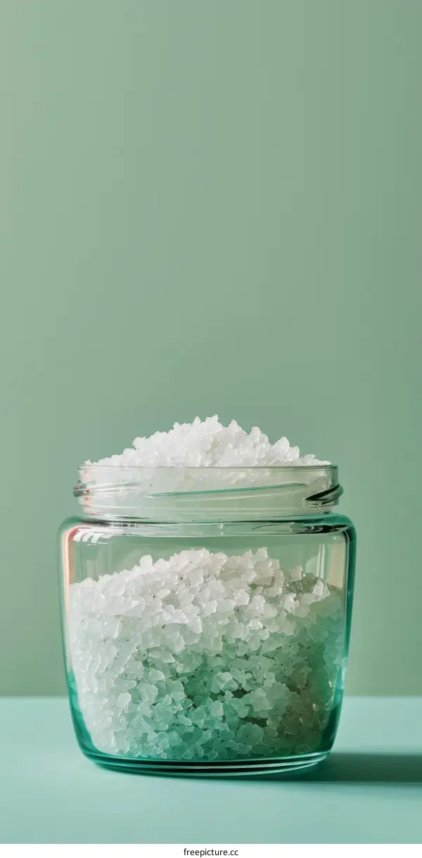 Bath salt in jar with green background