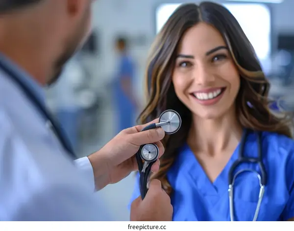 A smiling female doctor or nurse with a stethoscope around her neck