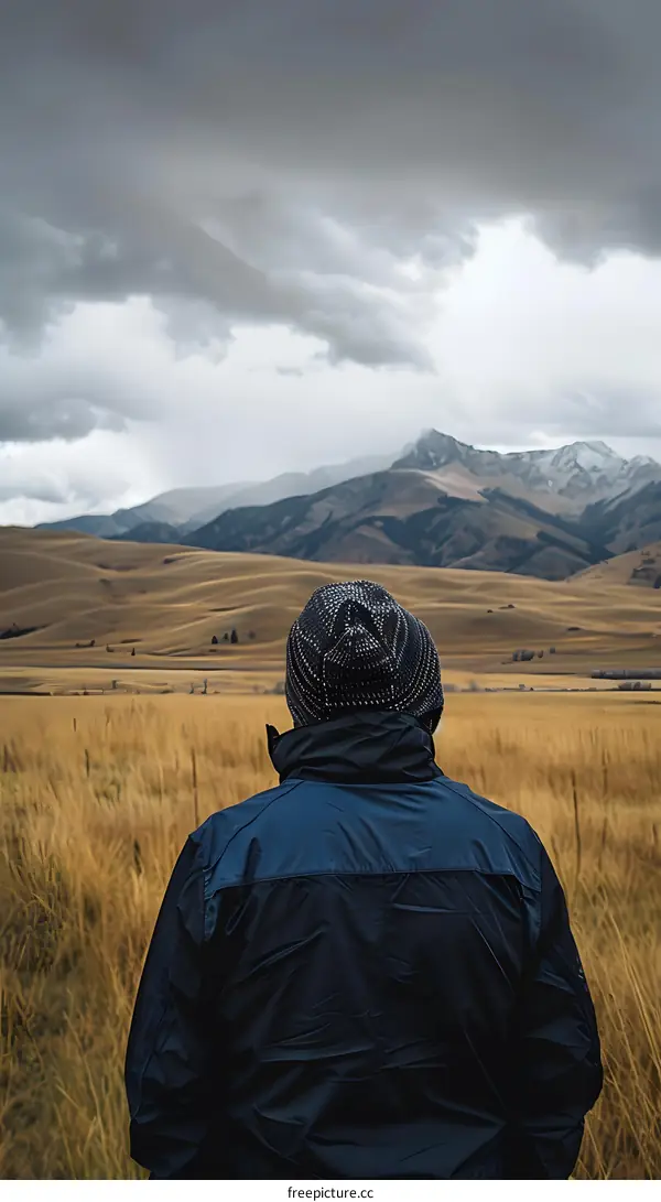 Man Standing in a Field Looking at the Mountains