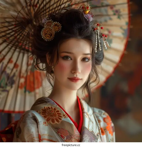 Portrait of a beautiful Japanese woman in traditional kimono