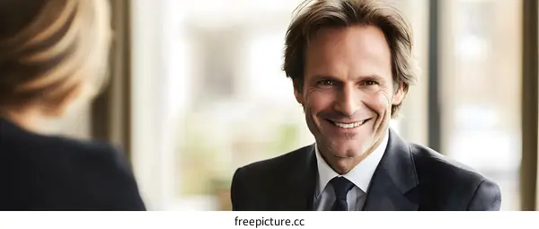 Smiling Businessman Wearing A Suit Looking At Woman In The Office