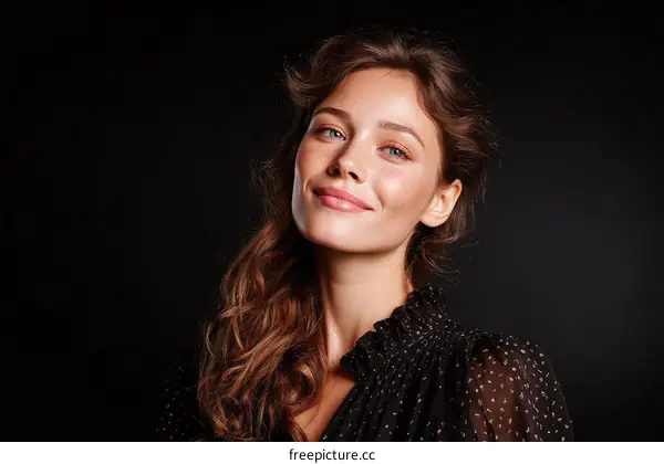 Portrait of a Young Woman with Curly Brown Hair in Black Polka Dot Blouse