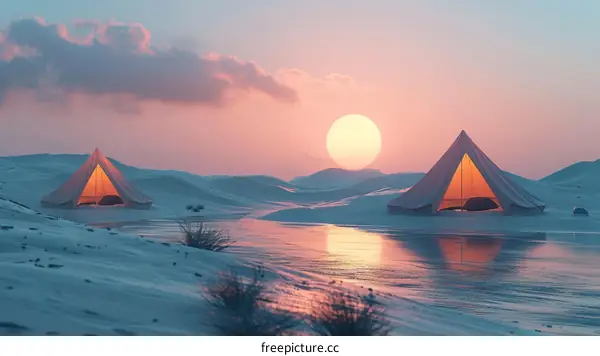 Two Tents in the Desert at Sunset
