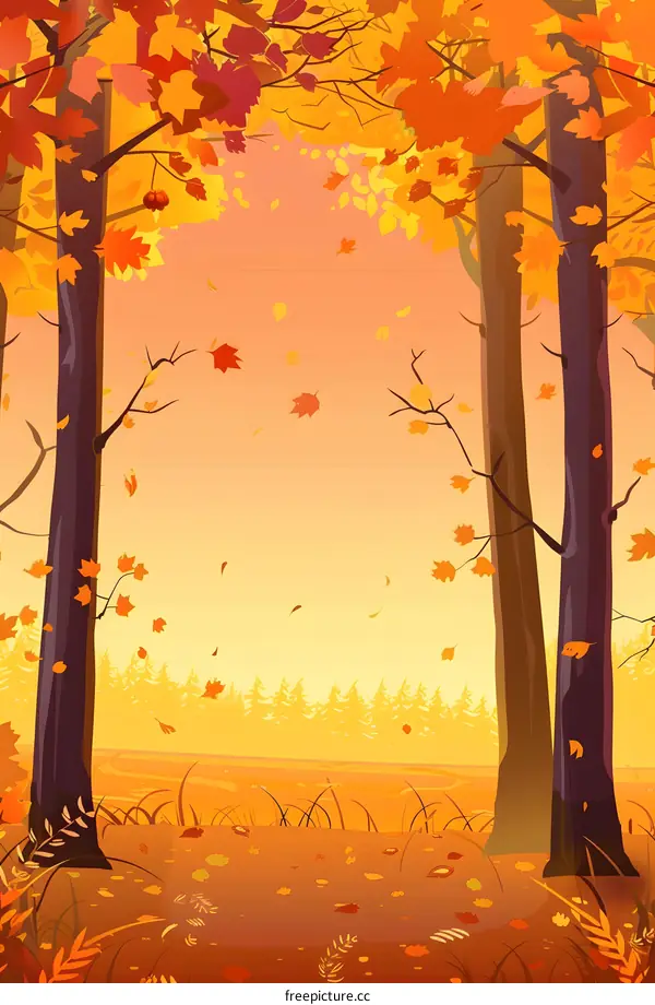 Autumn Forest Landscape With Falling Leaves